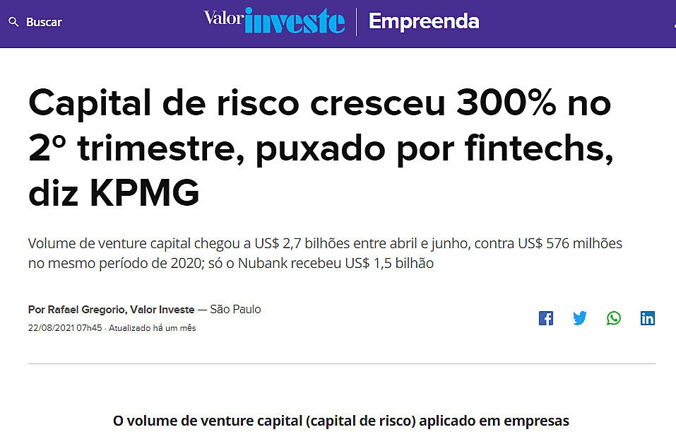 Capital de risco cresceu 300% no 2 trimestre, puxado por fintechs, diz KPMG